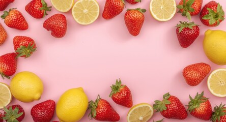 Fototapeta premium Fresh strawberries lemons and limes arranged vibrantly on a soft pink background with ample copy space