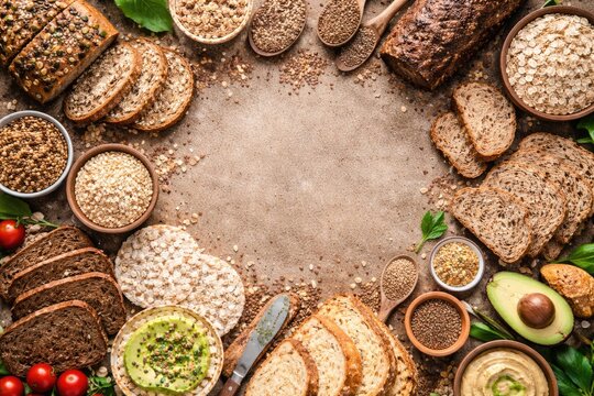Healthy gluten free bread alternatives and whole grain options flatlay with copy space