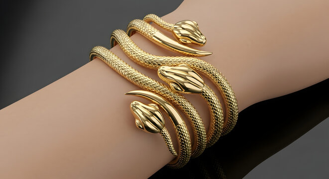 Close-up of Triple-Headed Gold Snake Bangle with Intricate Scale Texture, Elegant High-End Reptile Jewelry on Wrist for Luxury Fashion Branding