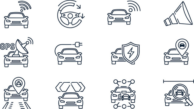 Autonomous driving line icon set with smart car sensors radar navigation safety symbols for web app interface design