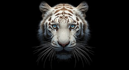 Fototapeta premium White tiger with striking blue eyes displayed against a pure black background reflecting its strong and wild energy