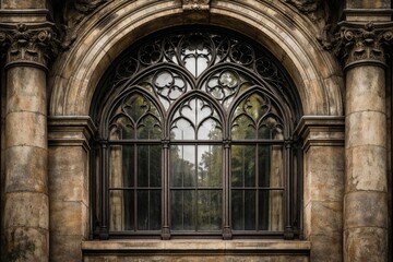 Naklejka premium Historic arched window featuring intricate curved steel patterns and aged stone exterior
