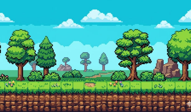 Pixel Art Game Background Landscape Trees Grass Sky Clouds Vector EPS