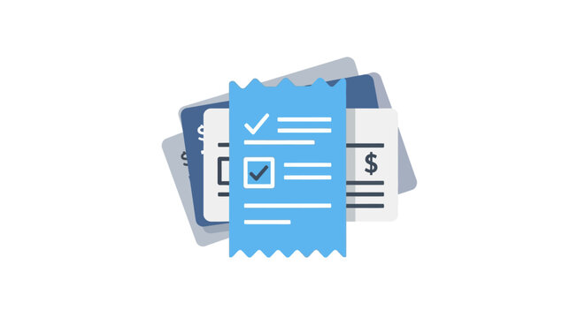 Illustration of financial documents, receipts, and bills with a checklist on top, representing accounting or expense management.