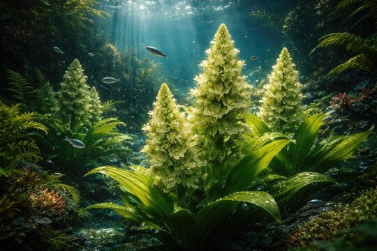 False Hellbore Flowers Blooming Underwater with Lush Greenery and Sunlight