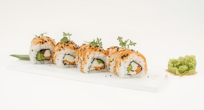 Mouthwatering maki sushi roll shown on a spotless white area