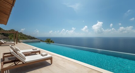 Fototapeta premium Luxury villa featuring sun loungers on a spacious sun deck with a private infinity pool and panoramic ocean views