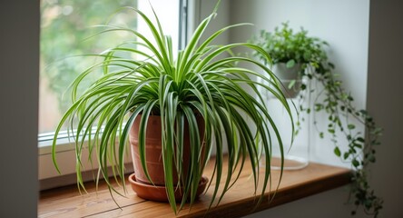 Fototapeta premium Lush spider plant in a terracotta pot on a wooden windowsill with vibrant greenery for home decor