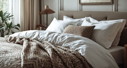 Obraz premium Comfortable bed setting in a bedroom with white linens and a cozy patterned duvet