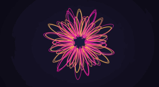 neon pink and yellow flower-like design on dark background