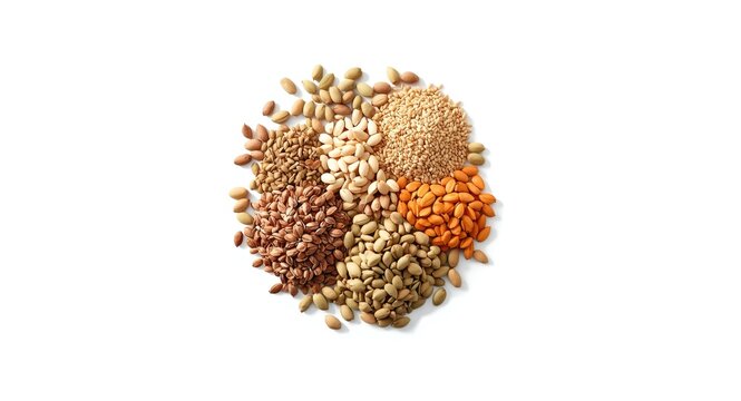 Top angle view of a diverse seed heap featuring sunflower sesame linseed and pumpkin on a white background