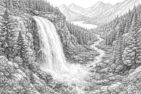 Waterfall flowing from mountain side viewed from above coloring page