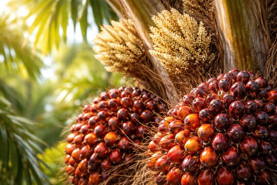 Close up of castrated oil palm fruit clusters and blooming flowers with copy space