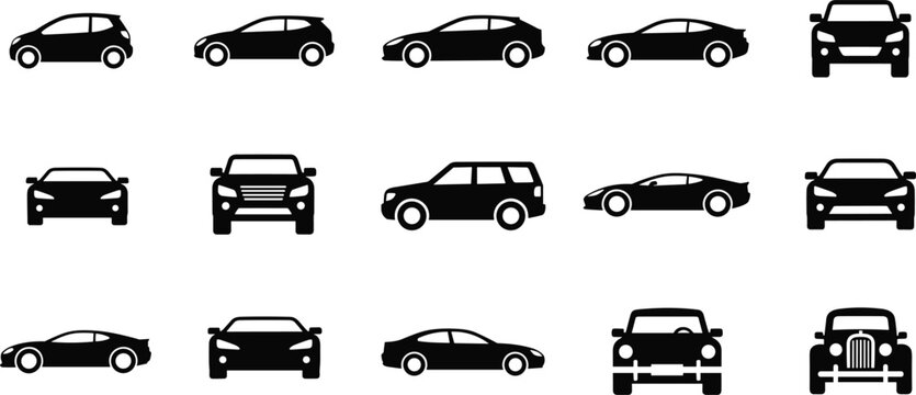 Car icon set featuring multiple vehicle models front and side views automotive silhouette vector collection for transport design