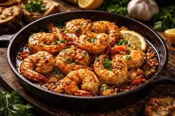 Fototapeta premium Garlic Shrimp Dish in Skillet with Lemon and Herbs