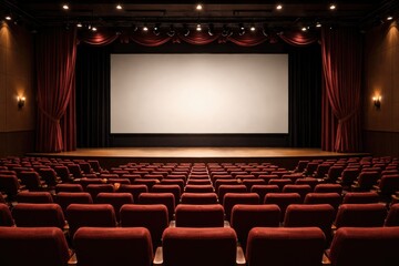 Fototapeta premium Empty auditorium with rows of plush red theater seats facing a blank stage and projection screen