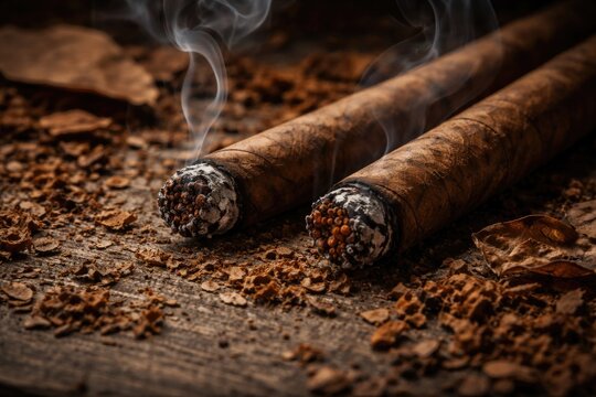 Close up of two smoking cigarillos with detailed tobacco texture and loose tobacco leaves on rustic surface