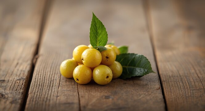 Up close shot of ripe Amla berries isolated on a wooden table with a fresh green leaf