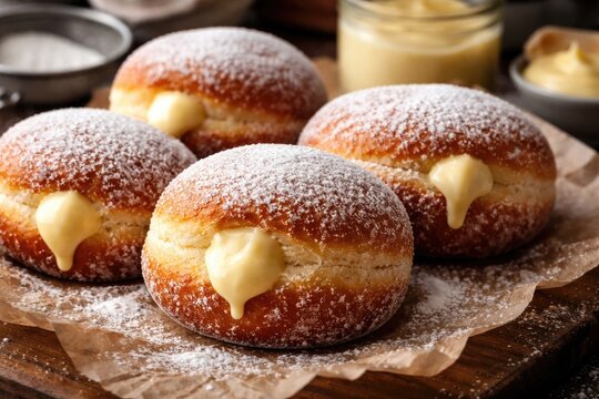 Fluffy Bomboloni Doughnuts with Creamy Custard Filling and Powdered Sugar
