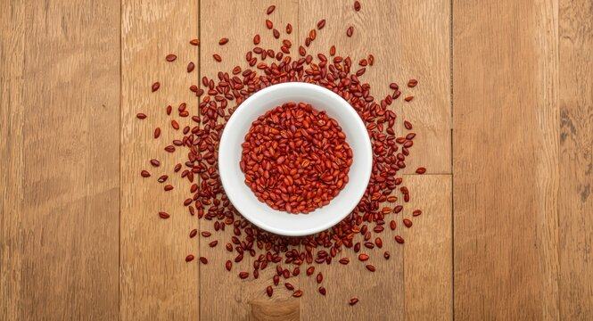 Top view of white bowl holding red achiote seeds with seeds spread out on wood