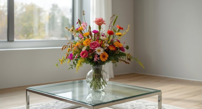 Still life depiction of a colorful flower vase inside a modern design environment