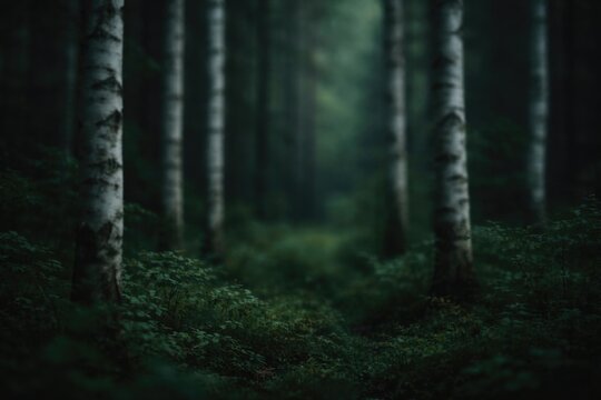 Blurred backdrop with parallel birch trunks and dense undergrowth in dark forest