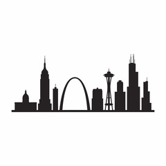 Obraz premium A minimalist black silhouette of the USA city skyline, featuring iconic buildings and structures in a simple, modern design against a clean white background.