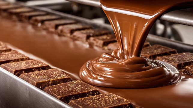 Liquid Chocolate Flowing Smoothly Through Metal Conveyor in Factory Setting