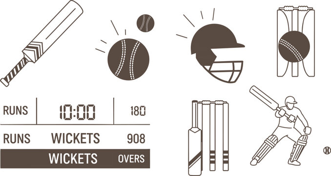 Cricket match scoreboard and equipment vector illustration featuring bat ball helmet stumps player action and sports statistics design elements