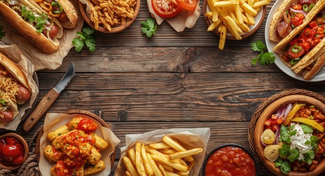 Yummy collection of hot dogs tacos and French fries presented on rustic wooden background with room for branding text