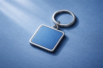 Fototapeta premium blue square keychain on a solid blue textured background with soft daylight