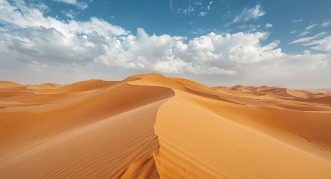 Sweeping view of desert sands rising into dunes with white clouds above