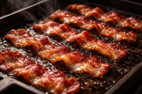 Crispy bacon cooking on a hot griddle pan