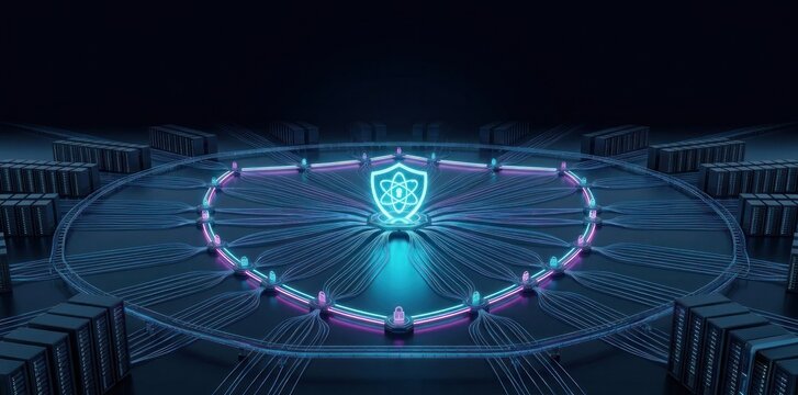 Central quantum shield protecting distributed server network showcasing resilient infrastructure encrypted communication and cyber defense