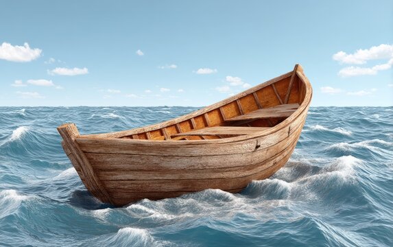 Wooden Rowboat Drifting Aimlessly in the Open Sea Under a Clear Blue Sky
