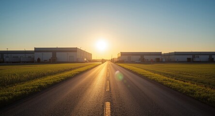 Obraz premium Fresh morning sun over asphalt path leading to updated warehouse facilities