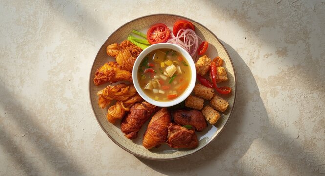 Top down composition of a Filipino dinner plate with sinigang soup crunchy lechon kawali and flavorful chicken adobo