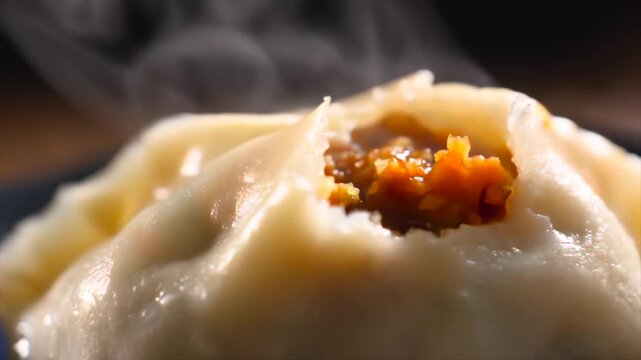Steaming dumpling close-up with juicy meat filling, soft dough texture and rising vapor, freshly cooked traditional food, macro shot highlighting warmth, flavor and comfort cuisine concept
