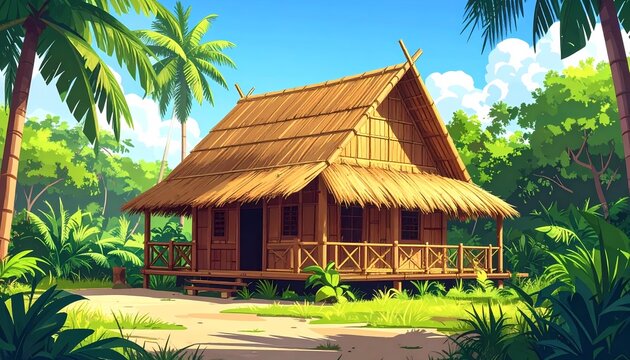 Traditional bamboo nipa hut in tropical palm forest under sunny sky