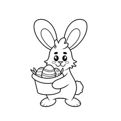 Fototapeta premium Cute Easter bunny rabbit holding a basket with Easter eggs hand drawn black and white spring clip art 