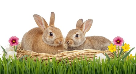 Fototapeta premium Two playful rabbits resting in hay with spring flowers and fresh grass on white background