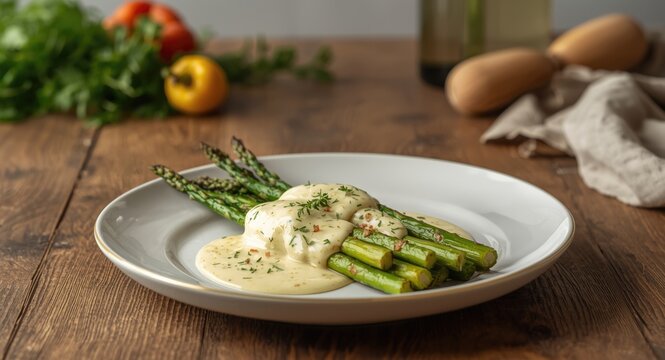 Roasted asparagus starter with a luscious b&Atilde;&copy;chamel topping ideal for summer meals