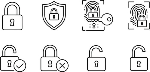 Cybersecurity lock and biometric authentication outline icon set with padlock shield fingerprint access symbols for secure digital interface © MDShahin