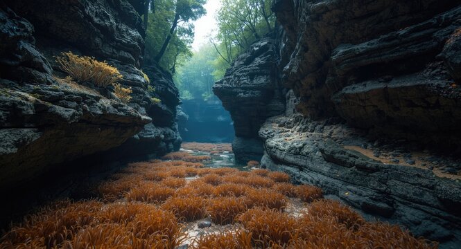 Sunken gorge showcasing huge rock formations and rich brown kelp beds
