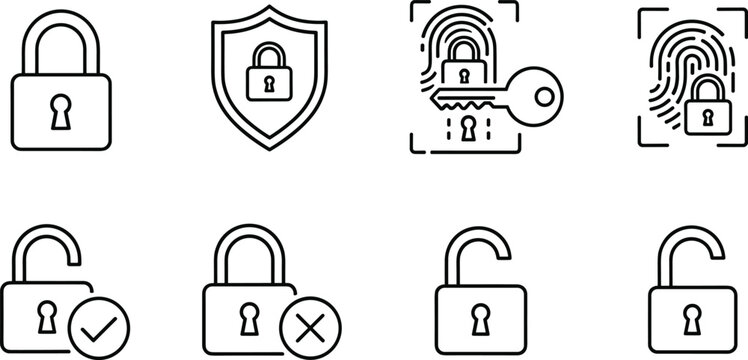 Cybersecurity lock and biometric authentication outline icon set with padlock shield fingerprint access symbols for secure digital interface