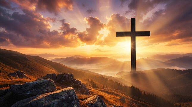 Peaceful landscape featuring a solitary cross silhouetted against a vibrant sunset sky, symbolizing faith, hope, and spiritual reflection. Warm tones and dramatic lighting create an emotional and insp