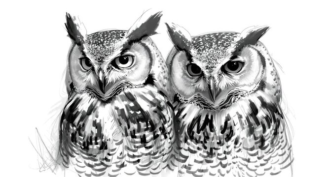 Monochrome nature sketch highlighting two owls with sharp contrasts