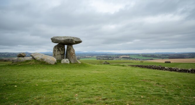 Tranquil setting with prehistoric stone dolmen and ample room for textual content