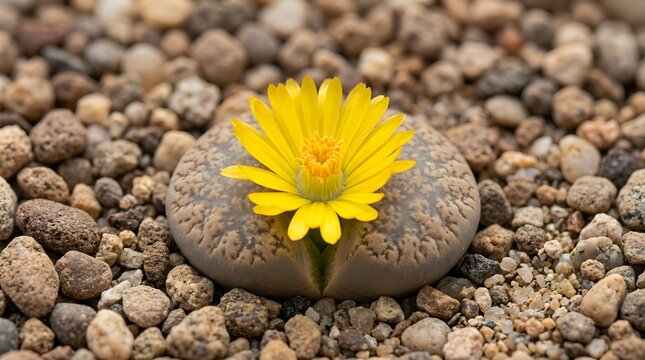 Lithops Living Stone Succulent Camouflaged as Pebble with Yellow Flower Bloom