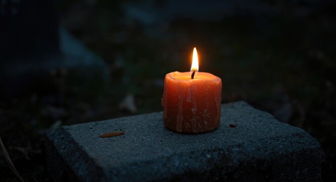 Twin flame clay candle glowing gently at a stone graveside